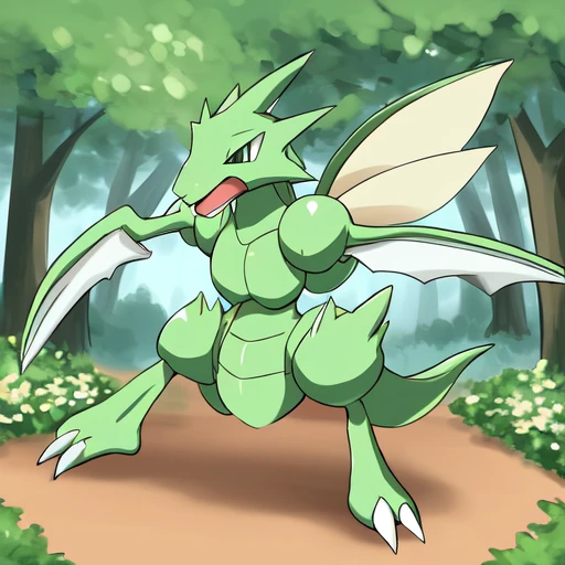 scyther, claws, dragon, full body, green theme, no humans, open mouth, outdoors, pokemon (creature), solo <lora:Scyther_-_Pokemon:1>