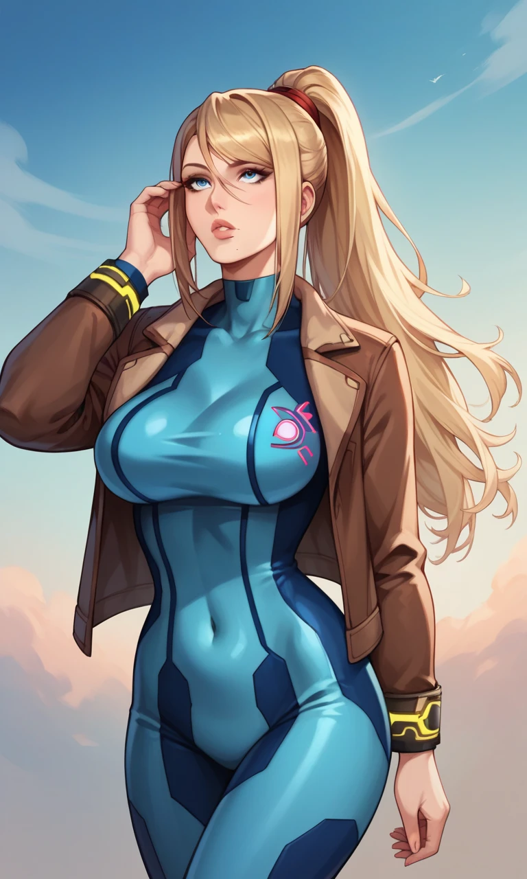 masterpiece, highest quality, High resolution, 1 girl, ticker, long hair, big breasts, race_Queen,blue leotard, Jacket, embarrassing,closed mouth, field, 