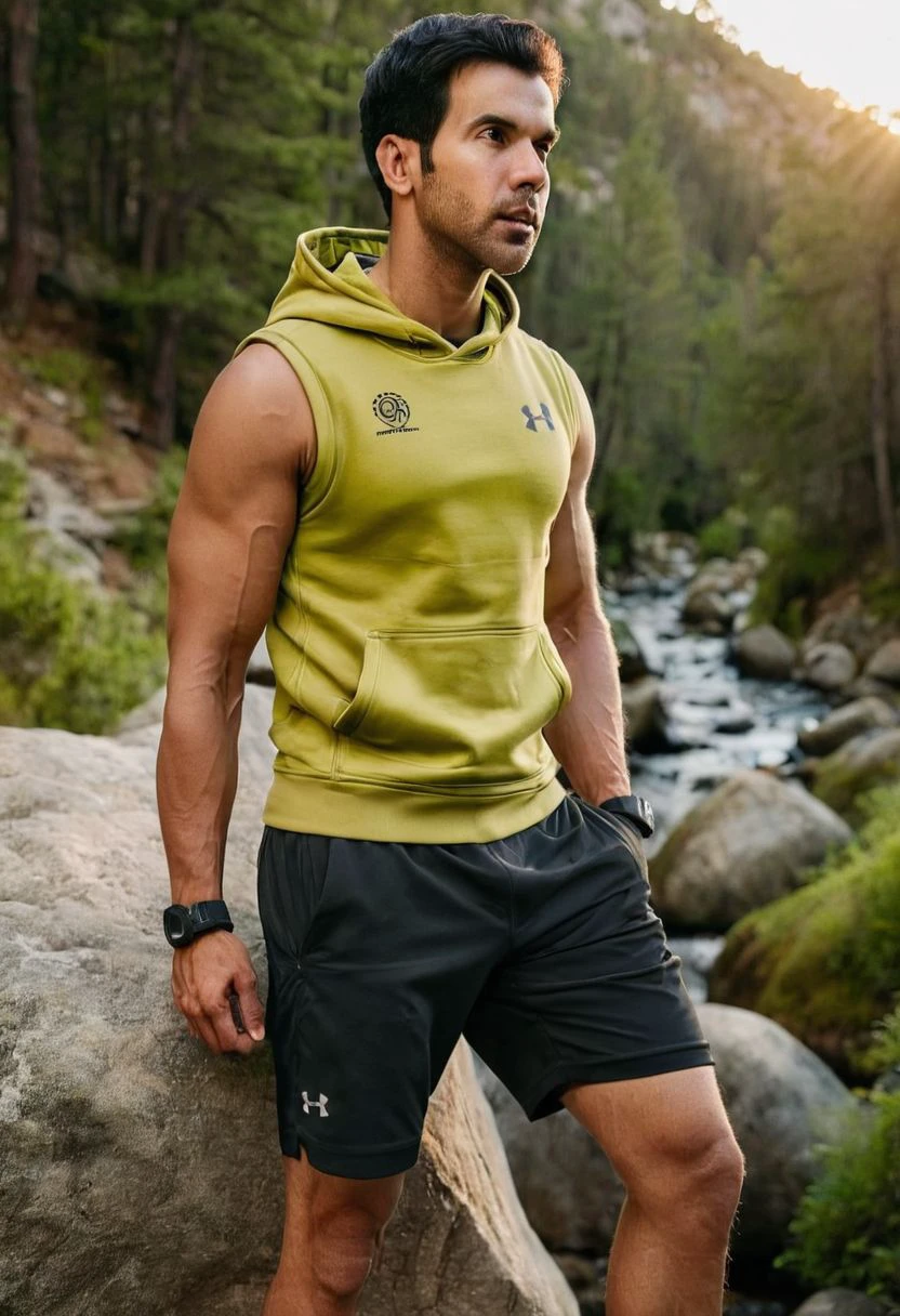 photo of DJ AM Villanueva a man <lora:rajkummar-rao_DJ-AM:1>, wearing a sleeveless well-fitted under armour hoodie and compression shorts, standing on a boulder, outdoor trail, 35mm photograph, film, bokeh, professional, 4k, highly detailed, creek in the background, natural lighting, golden hour