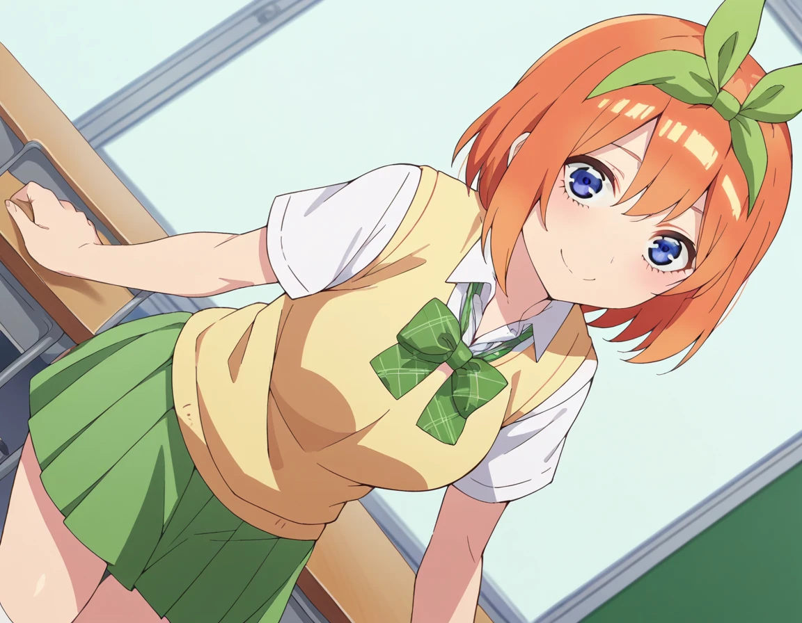 score_9, score_8_up, score_7_up, source_anime,
yotsubanakano, <lora:yotsuba-nakano-s2-ponyxl-lora-nochekaiser:1>,
yotsuba nakano, bangs, short hair, blue eyes, hair between eyes, hair ribbon, hairband, orange hair, green ribbon, mature female,
skirt, shirt, bow, ribbon, school uniform, white shirt, short sleeves, pleated skirt, collared shirt, miniskirt, bowtie, kneehighs, green skirt, green bow, sweater vest, green ribbon, yellow sweater vest,
indoors, classroom, smile, bent over,
looking at viewer, cowboy shot, dutch angle, solo,