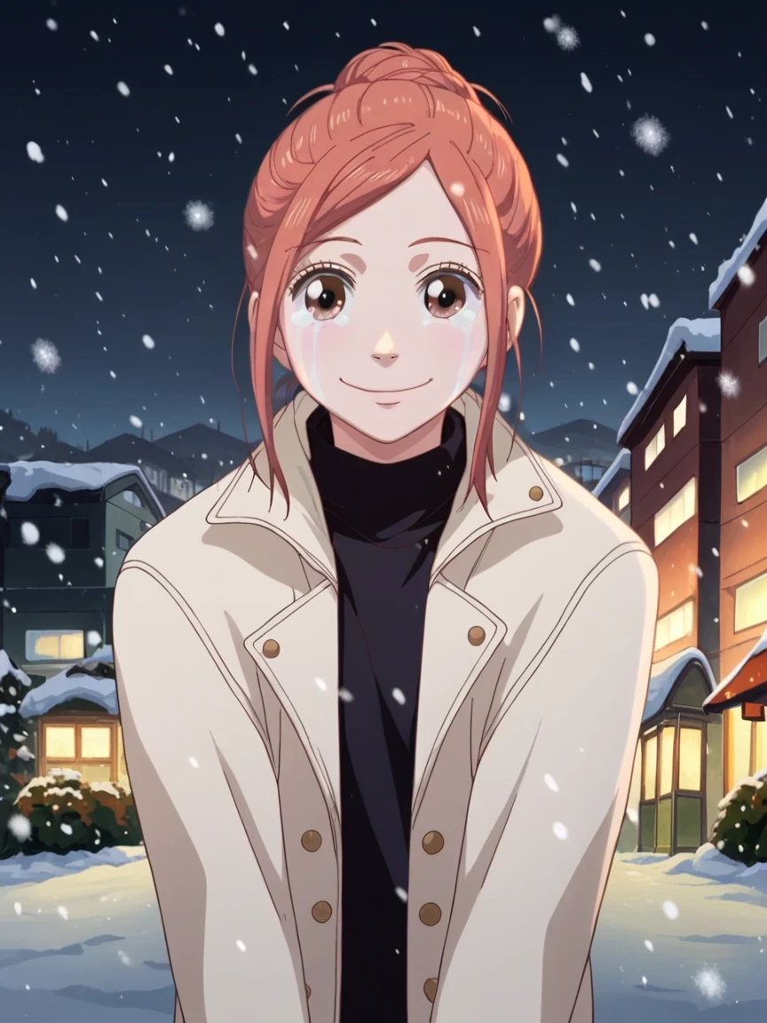 score_9, score_8_up, score_7_up, source_anime, Risa Koizumi, ginger hair, very tall, school girl, stylish,brown eyes, big eyes, winter casual outfit,<lora:Risa_Koizumi_SDXL:1>, standing, looking at viewer, happy, tears, smile, face focus, front view, background rooftop, at night, snow, snowfall, best quality, masterpiece