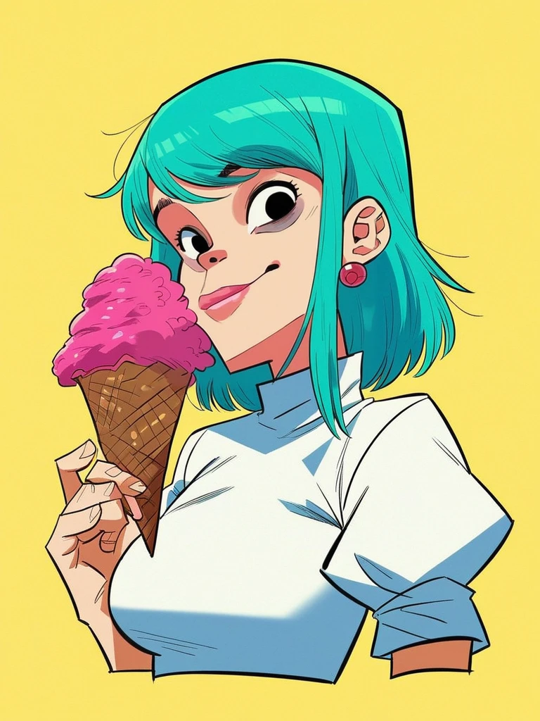 score_9, score_8_up, score_7_up, score_6_up, score_5_up, score_4_up, 1girl, in hewlls artstyle, 1girl, smile, lipstick, aqua hair, bangs, black eyes, cropped torso, earrings, holding food, ice cream, ice cream cone, jewelry, long hair, medium hair, puffy sleeves, short sleeves, simple background, solo, upper body, white shirt, yellow background, <lora:Jamie_Hewlett_GorillazTank_Girl_Style_Pony-000007:0.9>