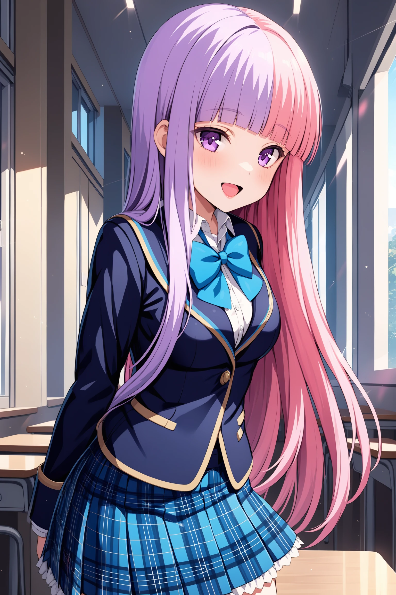(masterpiece, best quality, very aesthetic, ultra detailed), intricate details, highly detailed background, perfect lightingbest quality, niigakihina, solo, indoors, classroom, purple hair, two-tone hair, split-color hair, pink hair, blunt bangs, very long hair, purple eyesk medium breasts, blue jacket, blazer, blue bowtie, white shirt, blue skirt, plaid skirt, school uniform, smile, open mouth, :d, pink lips, <lora:Niigaki-Hina-XL-10:0.7>