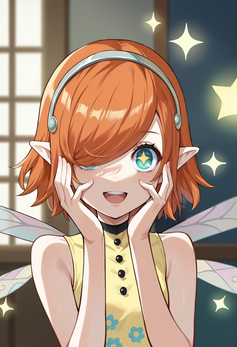 score_9, score_8_up, score_7_up, source_anime, BREAK 1girl, upper body, looking at you, open mouth, smile, hands on own face, star-shaped pupils, <lora:GallicaMR-pdxl:1> gallicaMR, short hair, pointy ears, hairband, hair over one eye, leotard, floral print, fairy wings, sparkle, indoors, bokeh