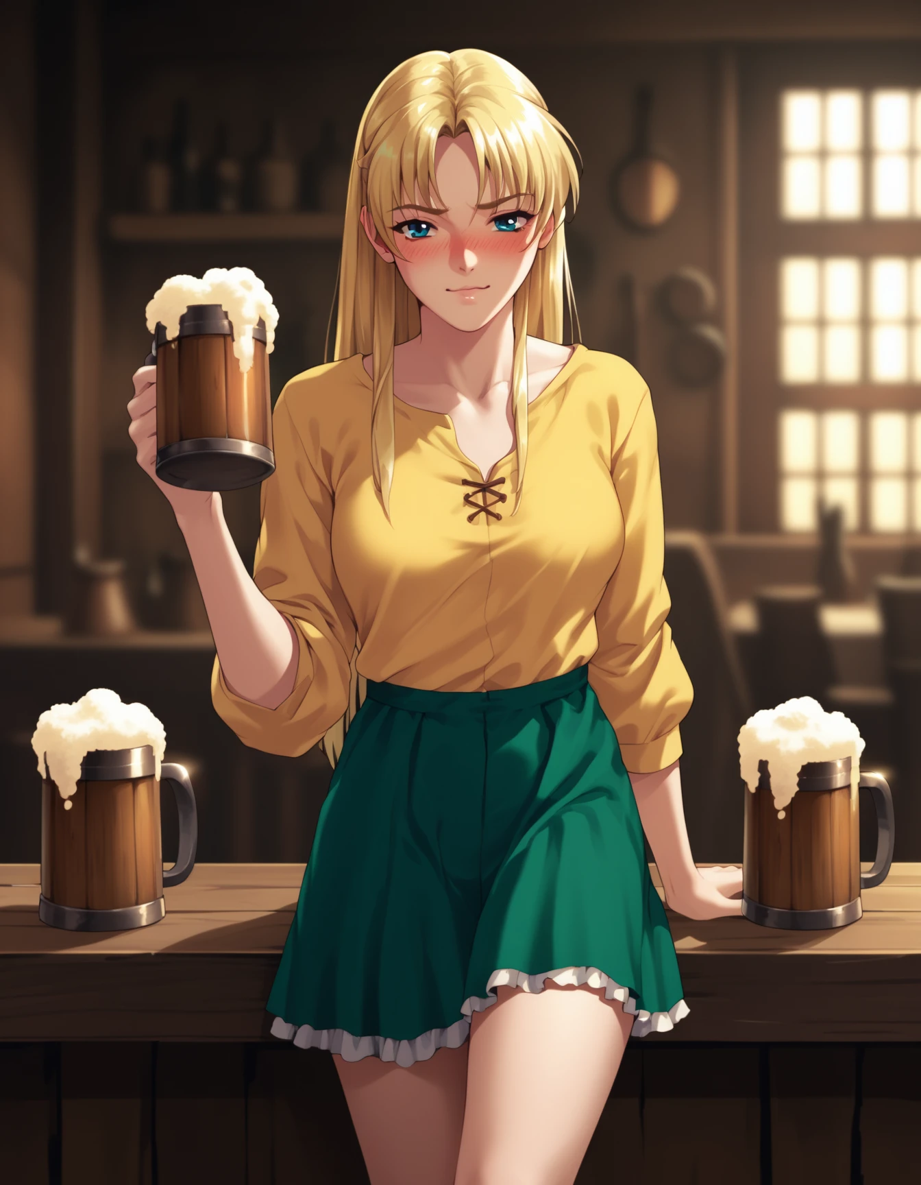 score_9, score_8_up, score_7_up <lora:sharon-ponyxl-000011:1> wwsharon, green skirt, yellow shirt,
1girl, solo, beer mug, drunk, tavern