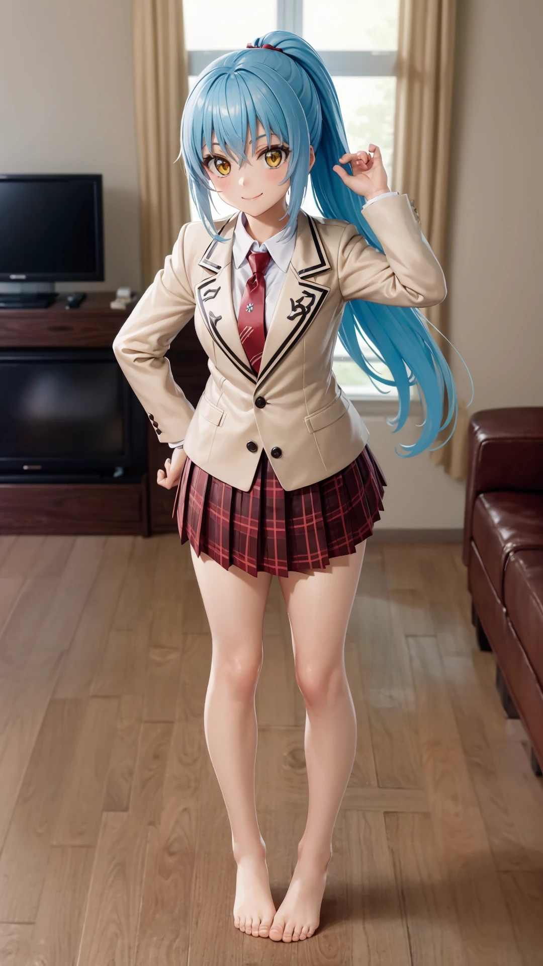 (masterpiece, best quality),ray tracing,absurdres, HDR,rimuru tempest, campus, skirt, 1girl,large breasts,  blue hair, school uniform, plaid skirt, necktie, long hair, smile, plaid, yellow eyes, , jacket, pleated skirt, full body, , ponytail, , standing, blazer, looking at viewer, solo, , hair between eyes, ,red necktie, shirt, bangs, barefoot, red skirt, white shirt, collared shirt, closed mouth,  , long sleeves, miniskirt,indoors, living room,<lora:rimuru campus_v2:0.7>