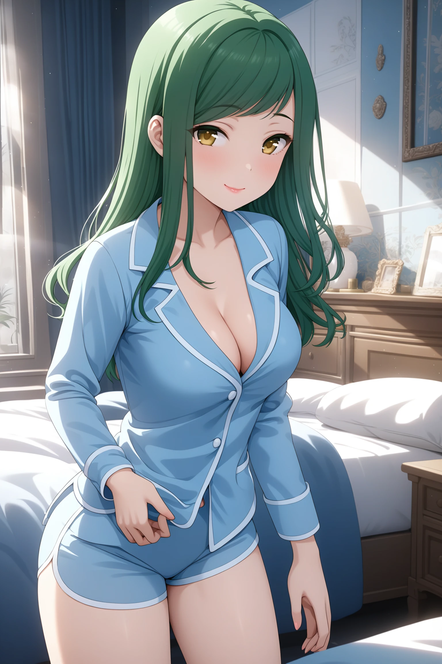 (masterpiece, best quality, very aesthetic, ultra detailed), intricate details, highly detailed background, perfect lightingbest quality, kokonoeshinobu, solo, indoors, bedroom, green hair, swept bangs, long hair, yellow eyes, medium breasts, blue pajamas, cleavage, short shorts, smile, closed mouth, :), pink lips, <lora:Kokonoe-Shinobu:0.7>