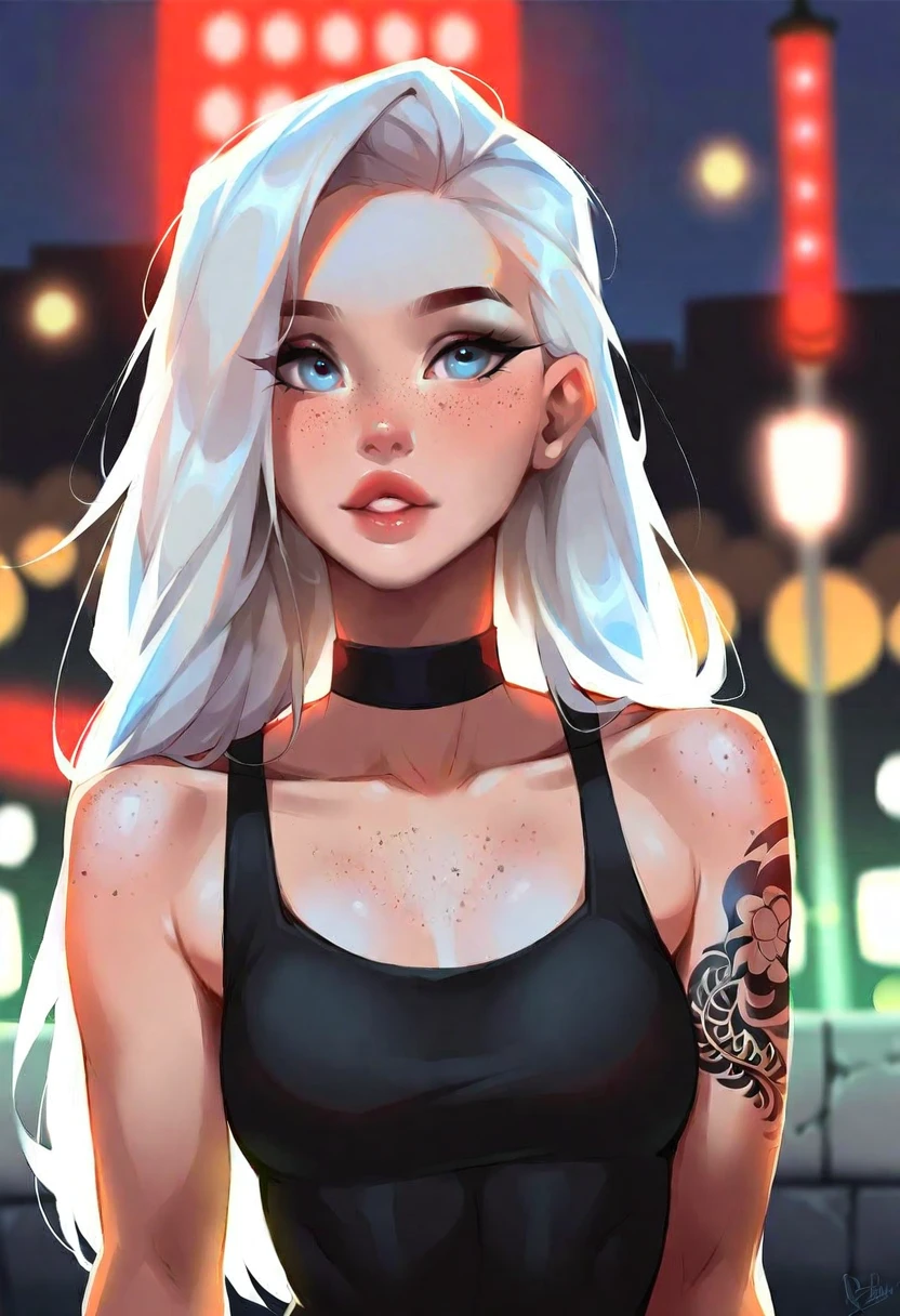 very beautiful and aesthetic, raw photo, realistic, score_9, score_8_up, score_7_up, score_6, score_5, score_4, source_anime, rating_safe, dark theme, 1girl, choker, long hair, tattoo, blue eyes, white hair, solo focus, black choker, dress, blurry background, black dress, jewelry, arm tattoo, bracelet, lips, parted lips, freckles, bare shoulders, breasts, upper body, sleeveless, depth of field, outdoors, tank top, collarbone, gothic, solo, small breasts,
