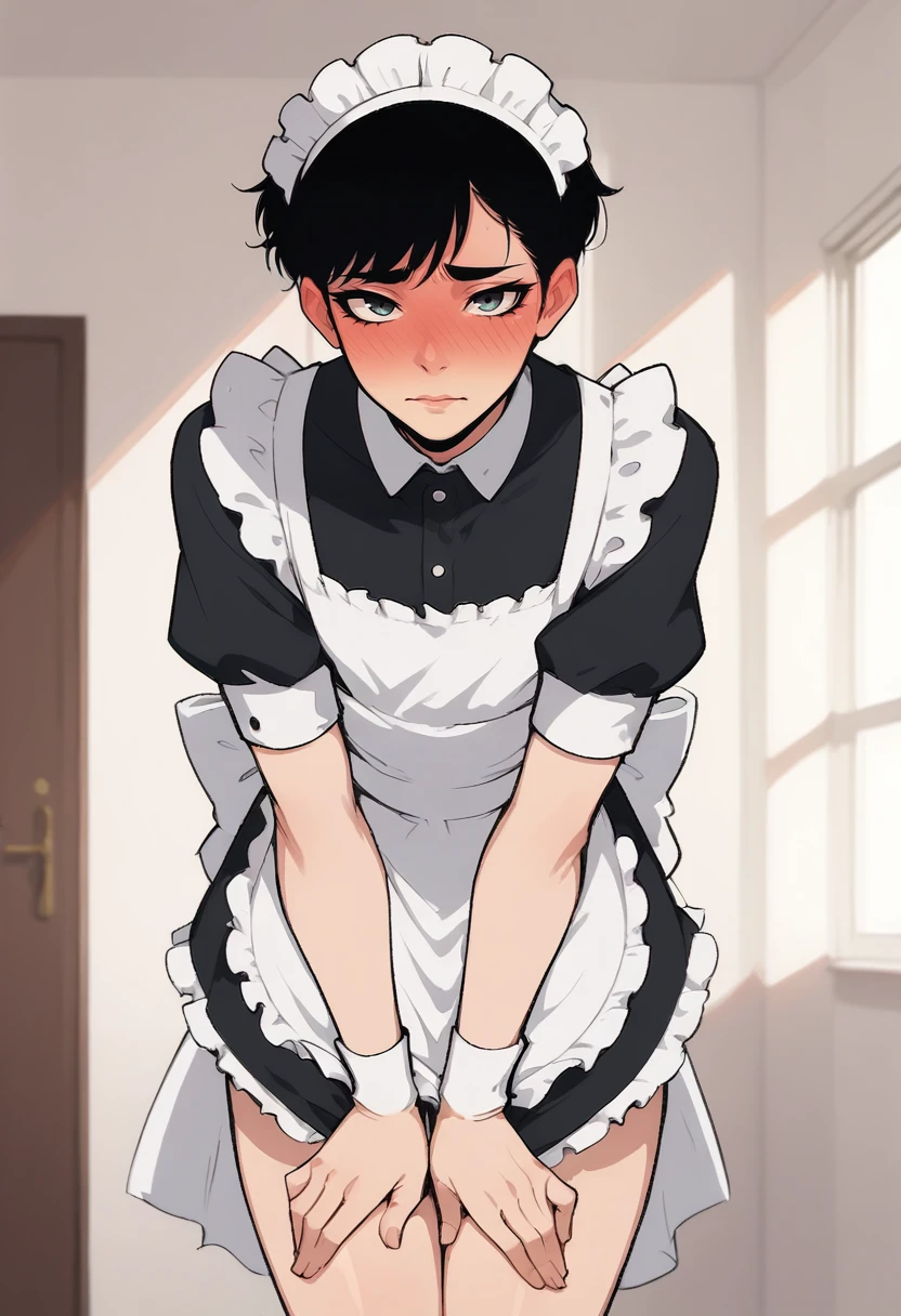 score_8_up,
femboy, male focus, black hair, full-face blush, looking at viewer, bangs, thighs, maid, maid headdress, maid apron, standing, leaning forward, seductive
 <lora:NoctFlatStyleV2:1>