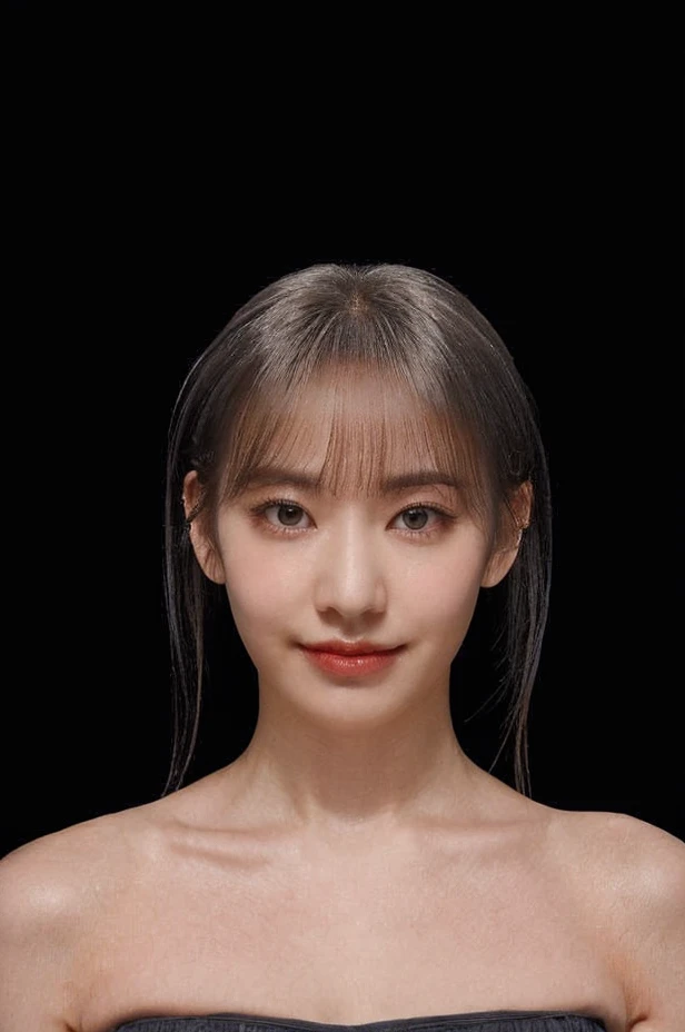 (extremely detailed eyes), korean idol, (((strapless))), raw photo, 1girl, (looking at viewer), upper body, ((full plain black background:1.3)), ((covered_chest:1.6)), bare shoulders, (((bare neck))), bare head, collarbone, ((long grey hair with bangs:1.3)), ((smirk)), <lora:sakuralorashyv1_5:1>