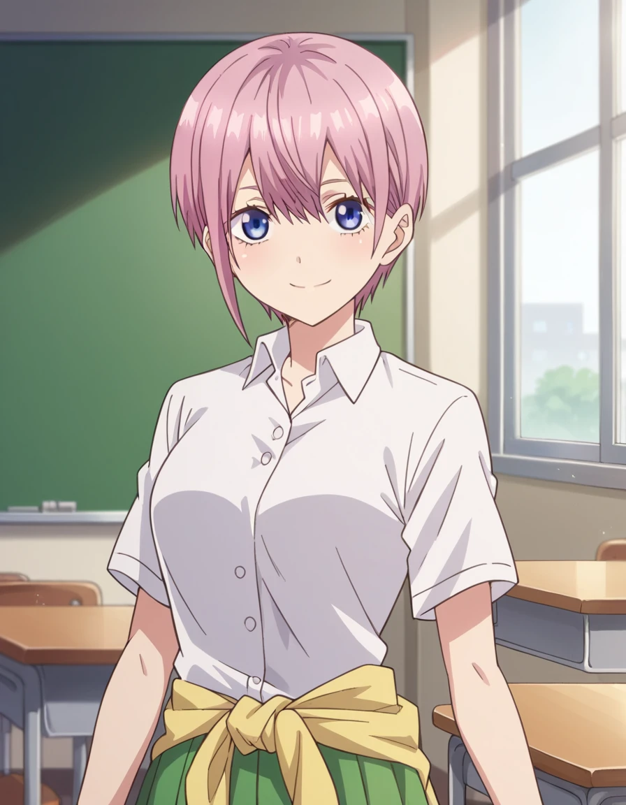 score_9, score_8_up, score_7_up, source_anime,
ichikanakano, <lora:ichika-nakano-s1-ponyxl-lora-nochekaiser:1>, 
ichika nakano, short hair, bangs, blue eyes, hair between eyes, pink hair, pixie cut,
skirt, shirt, school uniform, white shirt, short sleeves, pleated skirt, collared shirt, sweater, green skirt, clothes around waist,
indoors, classroom, smile,
looking at viewer, cowboy shot, dutch angle, solo,