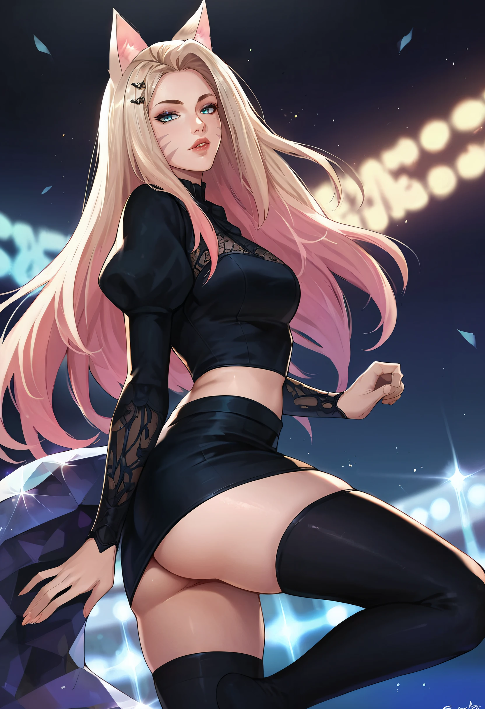 <lora:ahribaddest:0.8> ahribaddest, fox ears, whisker markings, hairclip, long sleeves, puffy sleeves, midriff, crop top, thighhighs, black skirt, lips, stage, stage lights, looking at viewer, from side, ass,, score_9, score_8_up, score_7_up, score_6_up, score_5_up, score_4_up, rating_questionable, source_anime, BREAK