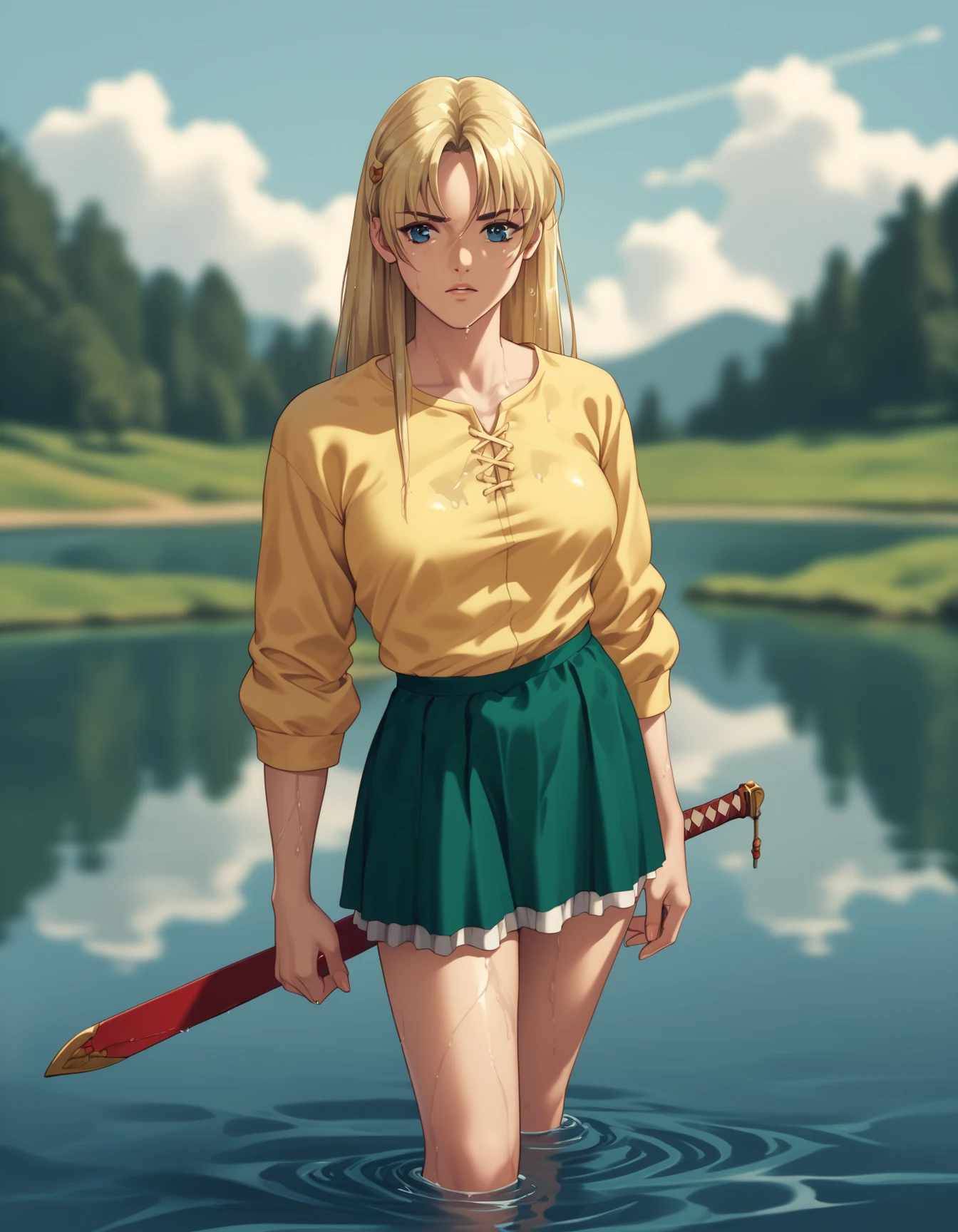 score_9, score_8_up, score_7_up <lora:sharon-ponyxl-000011:1> wwsharon, green skirt, yellow shirt,
1girl, solo, sword, water, lake, wet