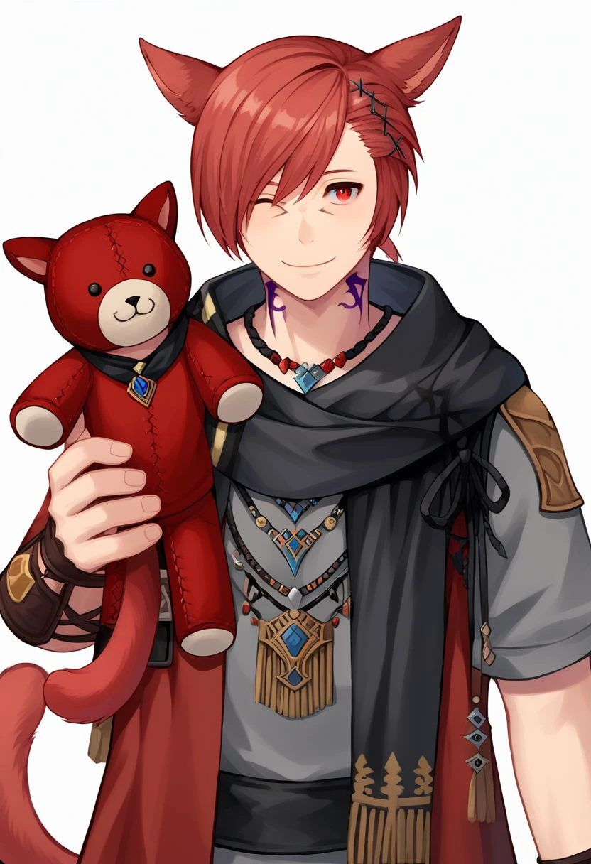 grahatiaffxivdsk, red hair, red eyes, x hair ornament, male focus, 1boy, animal ears, cat ears, solo, one eye closed, white background, neck tattoo, cat tail, jewelry, hair ornament, tattoo, grey shirt, tail, black scarf, scarf, miqo'te, swept bangs, smile, red jacket, facial mark, cat boy, short hair, necklace, looking at viewer, shirt, holding, stuffed toy, toy bear, holding a bear, simple background PonyXLV6_Scores