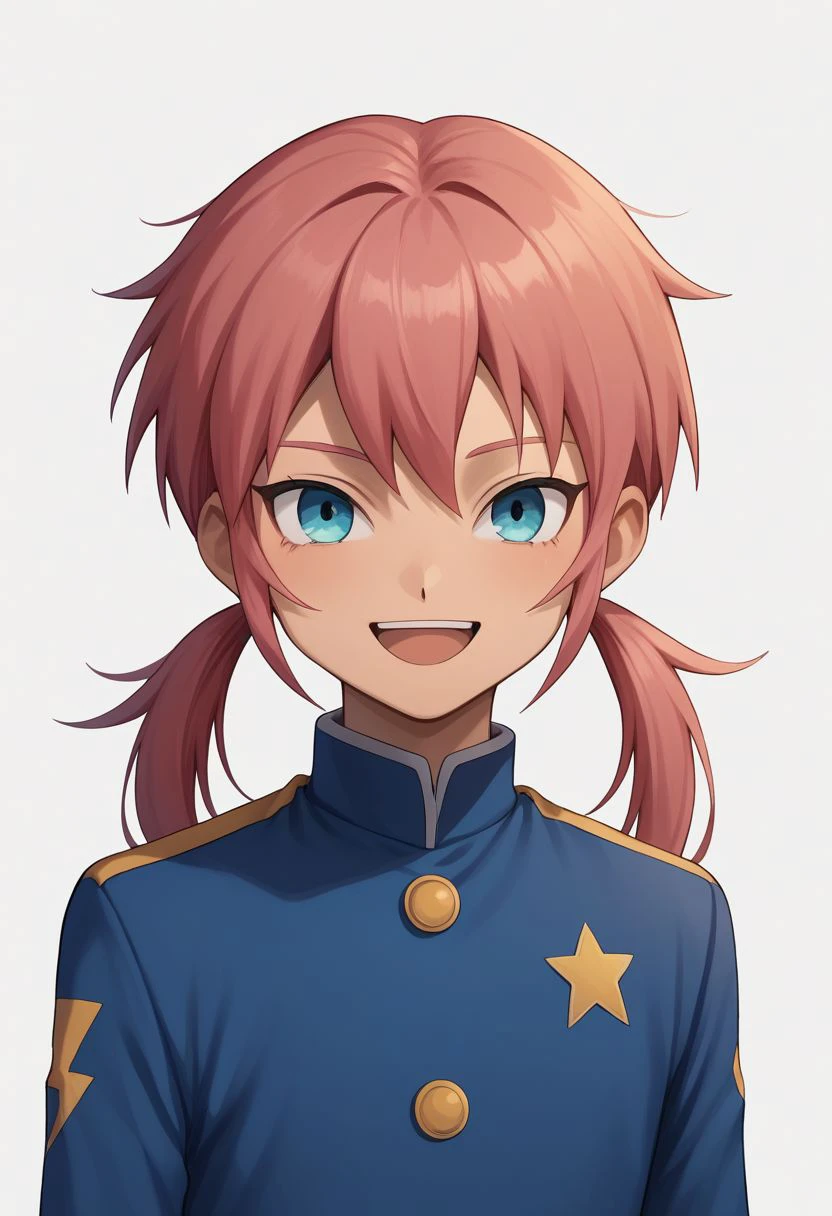 score_9, score_8_up, score_7_up, source_anime, highly detailed, 1boy, solo, male_focus, skinny, slender, cute, 
gabi_ina, gakuran, school uniform, male focus, pink hair, twintails, raimon, white background, blue eyes, open mouth, smile, standing, simple background,