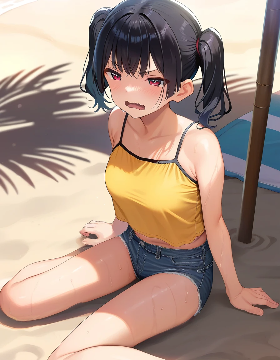 score_9, score_8_up,score_7_up,score_6_up,  a girl is sitting on the sand, beach, sweat, half-closed eyes, frown, wavy mouth, open mouth, disgust, sunlight, summer, glowing hot, 
<lora:yuushi_tessen_style_pony6_v1-000028:1>   <lora:kaedeokostyle_and_sasakikanna_pony6_v1-000004:0.6> sasaki kanna \(kaedeko\), short twintails, yellow crop top, spaghetti strap, denim shorts