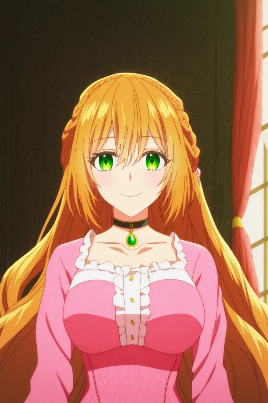 sysdeep_raeliana, 1girl, solo, long_hair, breasts, looking_at_viewer, smile, blonde_hair, long_sleeves, dress, hair_between_eyes, closed_mouth, very_long_hair, medium_breasts, green_eyes, collarbone, upper_body, braid, frills, indoors, curtains, pink_dress