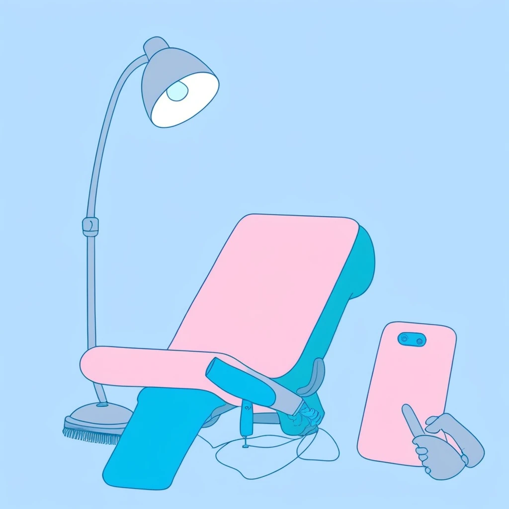 pink background, shadow, border, hair dryer, smoothing-iron, chaise lounge, using phone, backside of the smartphone, short sleeves, grey background, z-flip back, lamp, blue ribbon