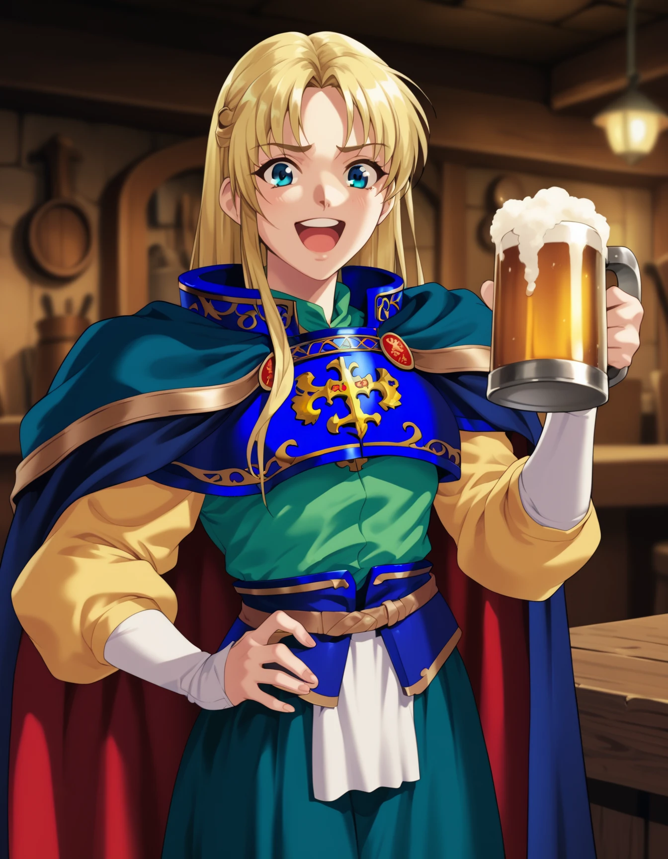 score_9, score_8_up, score_7_up <lora:sharon-ponyxl-000011:1> wwsharon, breastplate, blue cape, red cape, two-sided cape, green shirt, yellow sleeves, green skirt,
1girl, solo, beer mug, excited, tavern