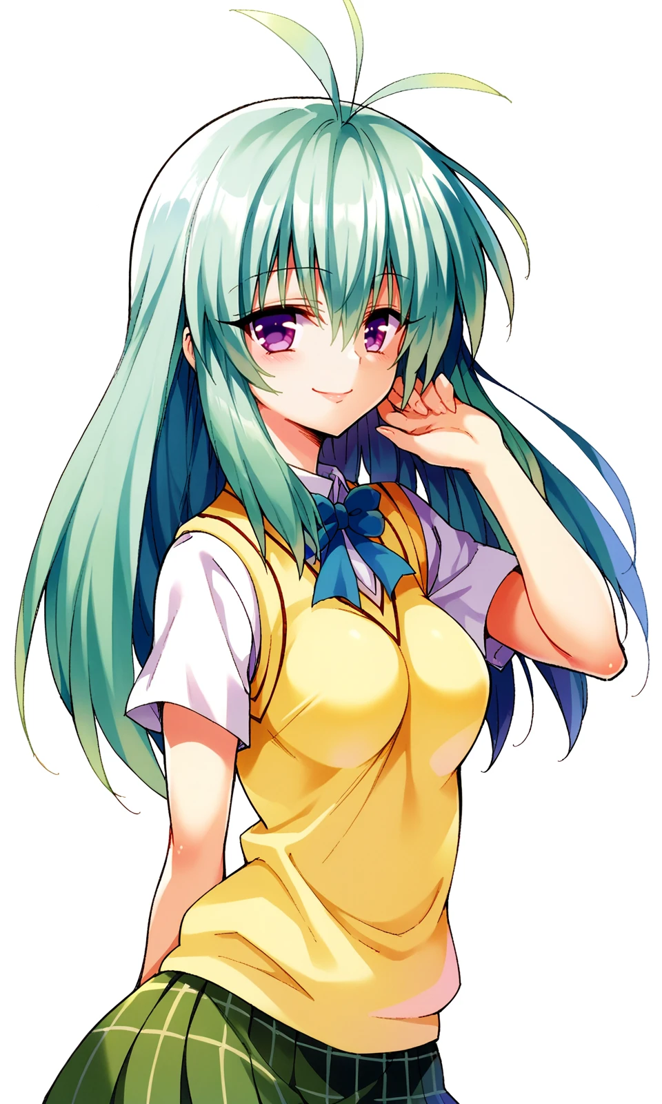 YabukiKentarou, to love-ru, score_9, score_8_up, score_7_up BREAK
run elsie jewelria, purple eyes, green hair, long hair, medium breast,  school uniform, skirt, sweater vest, looking at viewer, light smile, portrait,
 <lora:YabukiKentarou_Pony_V2:1>