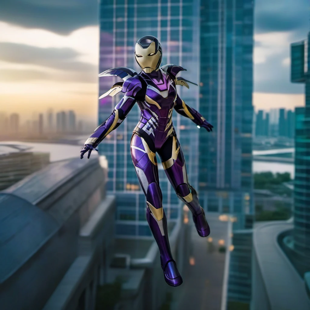 cinematic photo a womanin a purple and grey armor wears a mask, flying over a city, cyberpunk background<lora:Mark49-1024:0.9> . 35mm photograph, film, bokeh, professional, 4k, highly detailed