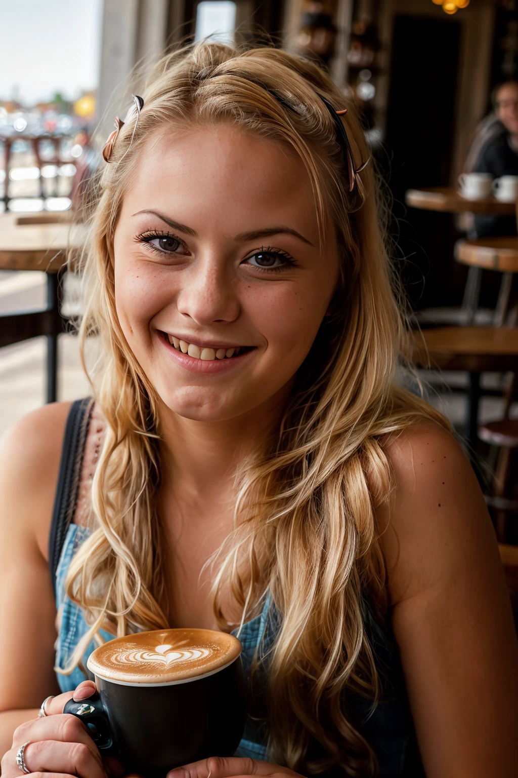 <lora:Ember:0.8>, full color portrait of a young woman, having coffee at a vintage cafe, smile, natural light, RAW photo, subject, 8k uhd, dslr, soft lighting, high quality, film grain, Fujifilm XT3