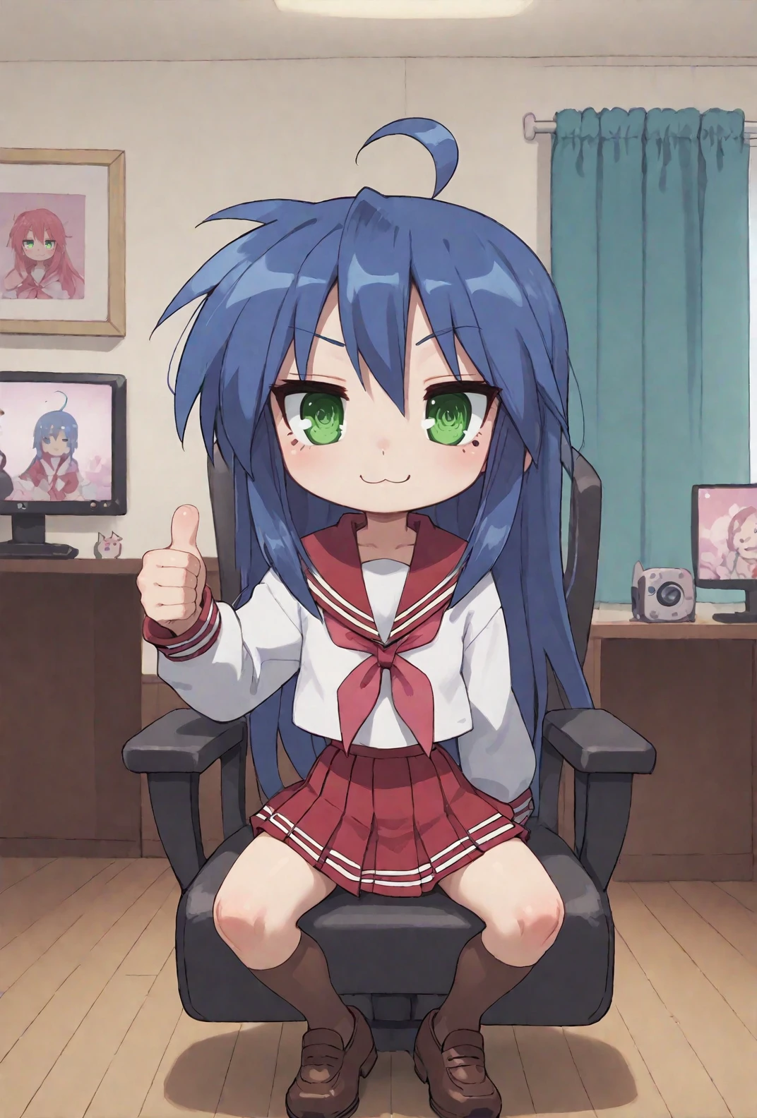 score9, score_8_up, score_7_up, rating_safe, <lora:konata:0.7> Konata Izumi, 1girl, solo, long hair, blue hair, ahoge, green eyes, mole, serafuku, red skirt, red sailor collar, shoes, brown tighhighs, Konata Izumi giving a thumbs up to the viewer while sitting on her gamer chair, indoors, bedroom, gaming computer, rgb lights, gaming keyboard, gamer chair, sitting, closed curtains, character focus, close up, character focus, close up, (thumbs up:1.3) <lora:Glorp_Bingo_Mega_Mix-000001:1> glorpbingomegamix1