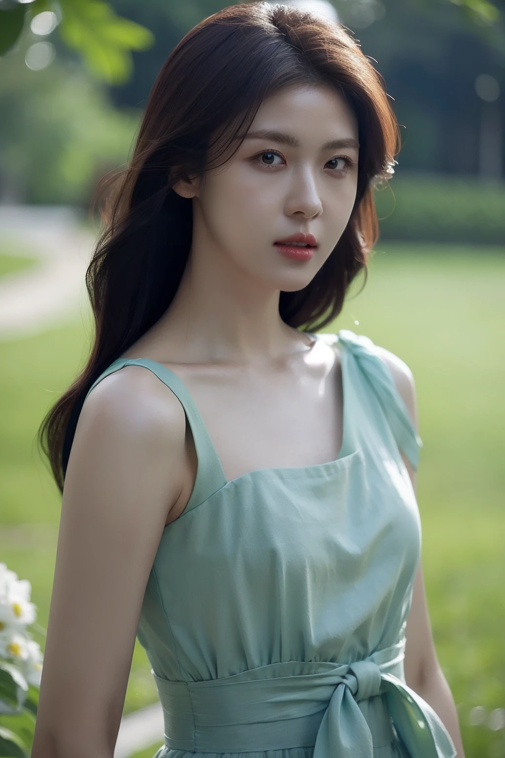(realistic), (hyperrealism),best quality, masterpiece,ultra high res, (photorealistic:1.4),1girl, solo, realistic, looking at viewer, parted lips, small waist, upper body, dress
, <lora:makina69_hajiwon_v1.0:1>