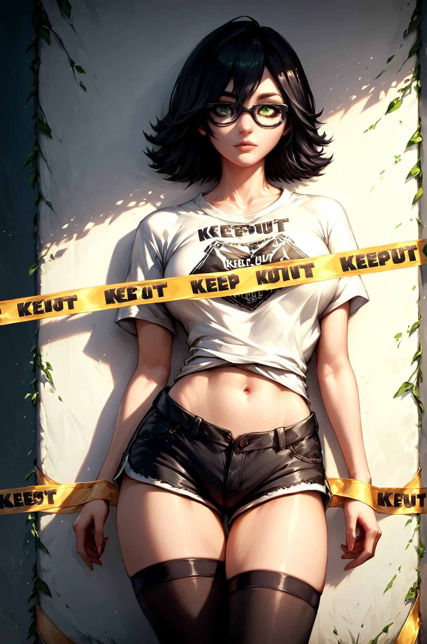 score_9,score_8_up,score_7_up,  <lora:MarieWentz100steps16Dim-000005:0.6> marie_wentz, black_hair, glasses, shorts, green_eyes, thighhighs, t-shirt,  <lora:KeepOut_XLPD:0.8> keep out, caution tape, convenient censoring, (high quality, detailed, beautiful)