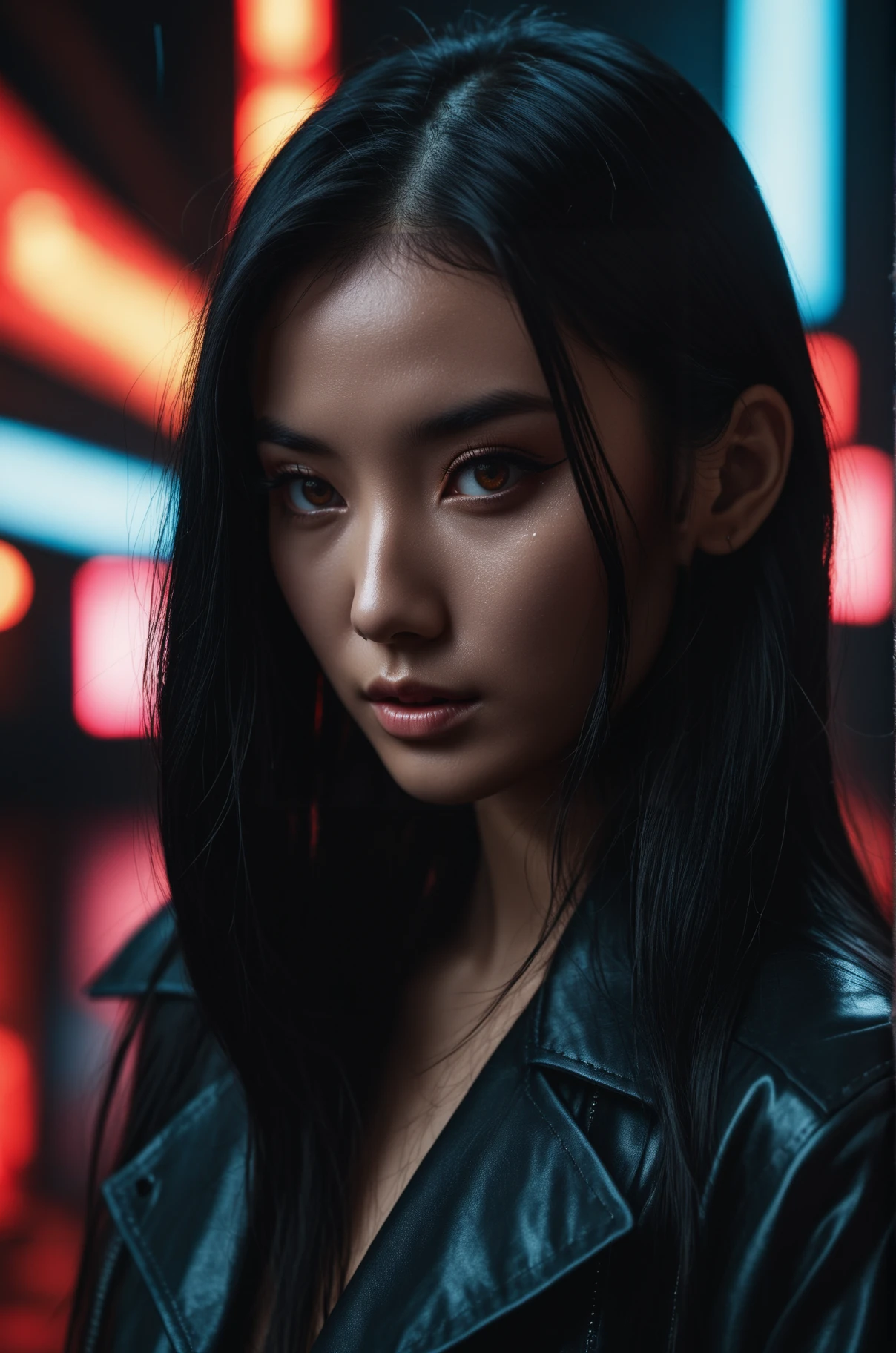 Neon noir The most beautiful China girl in the World, 24 years old, long black hair, brown eyes, Studio Shooting, emotional portrait, strong, photo in the style of Alessio Albi, cinematic composition, cinematic lighting, . Cyberpunk, dark, rainy streets, neon signs, high contrast, low light, vibrant, highly detailed