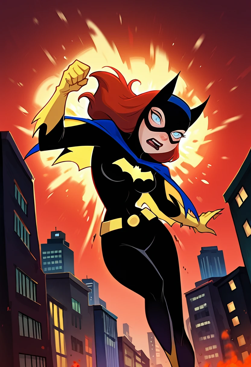 score_9, score_8_up, score_7_up, score_6_up, 1girl, solo, batgirl is running in front of an explosion, mask, black lips, red hair, belt, torn bodysuit, black bodysuit, sideboob, pointy breasts, cape, yellow gloves, gotham city, red sky, dirigible, bloom
