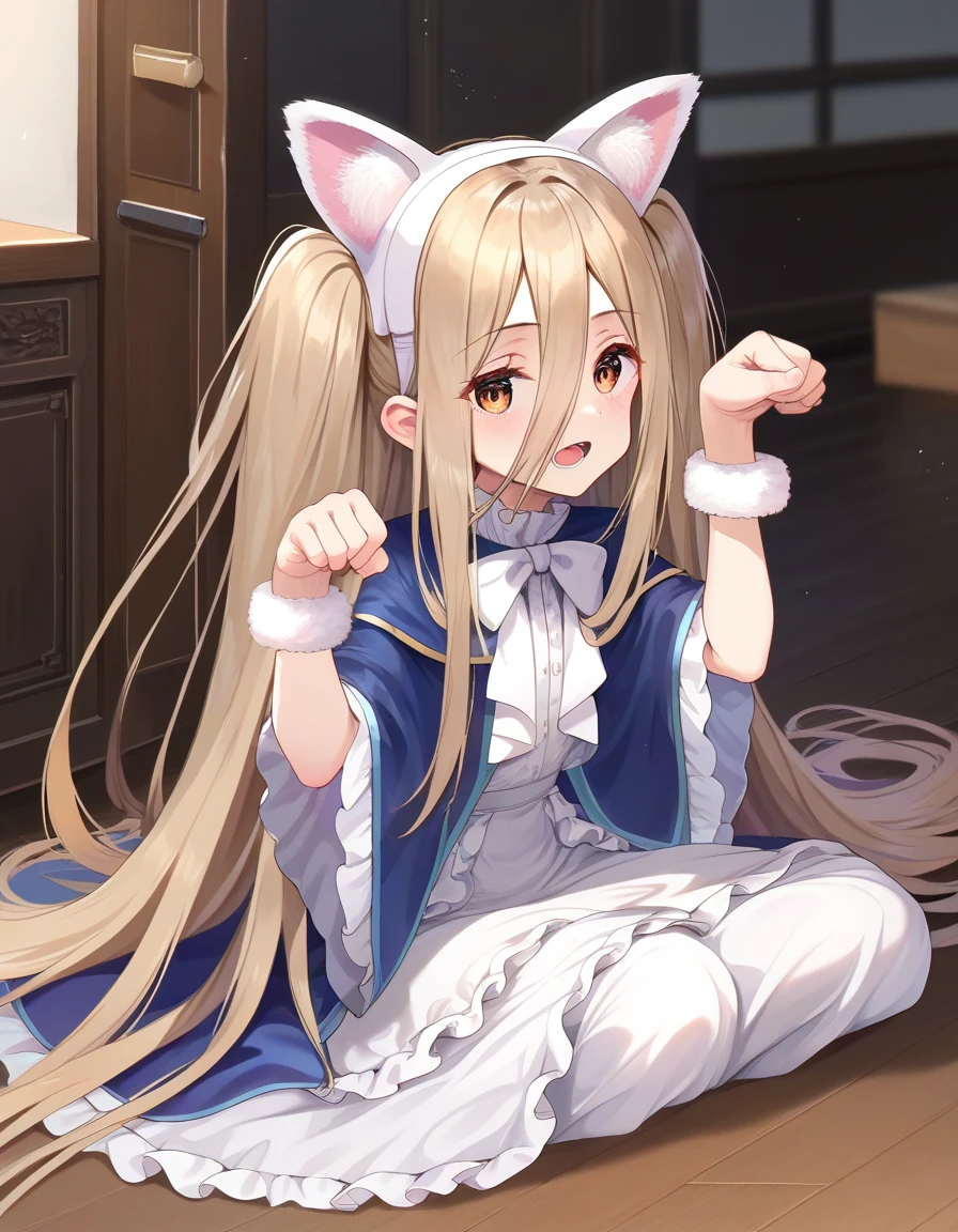 score_9, score_8_up,score_7_up,score_6_up, a girl is sitting on the floor, paw pose, open mouth, fake animal ears, 
<lora:yuushi_tessen_style_pony6_v1-000028:1> <lora:sense_sousou no frieren_PONY_last:0.6> sense \(sousou no frieren\),brown eyes,very long hair,absurdly long hair,hair between eyes,eyes visible through hair, blue capelet,frilled dress,white long dress