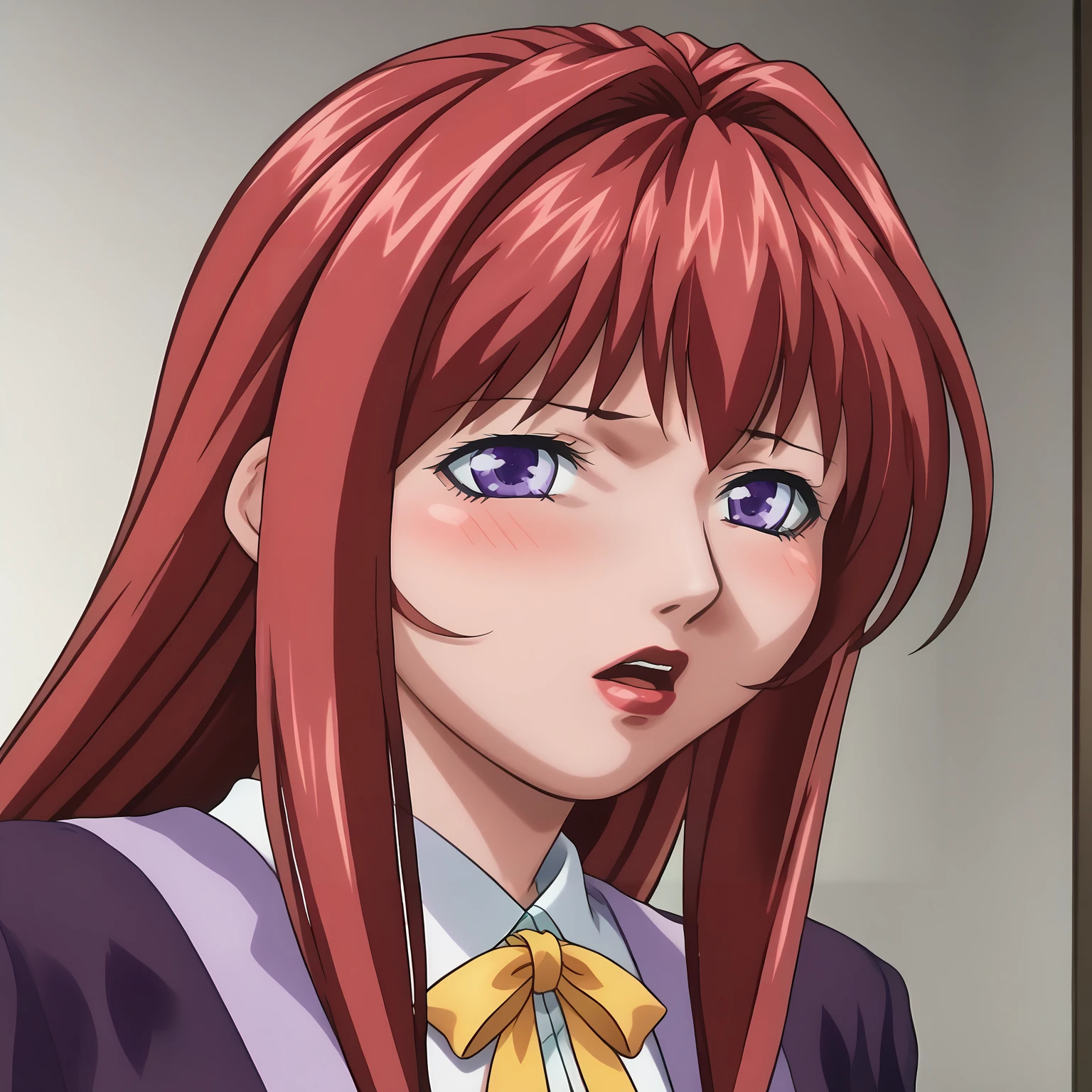 <lora:HirokoTakashiroXLpony001>,blush,open mouth,
solo,
HirokoTakashiro,1girl,red hair,long hair,purple eyes,red_lips_,
purple jacket,white shirt,white trim,long_sleeves,yellow ribbon,