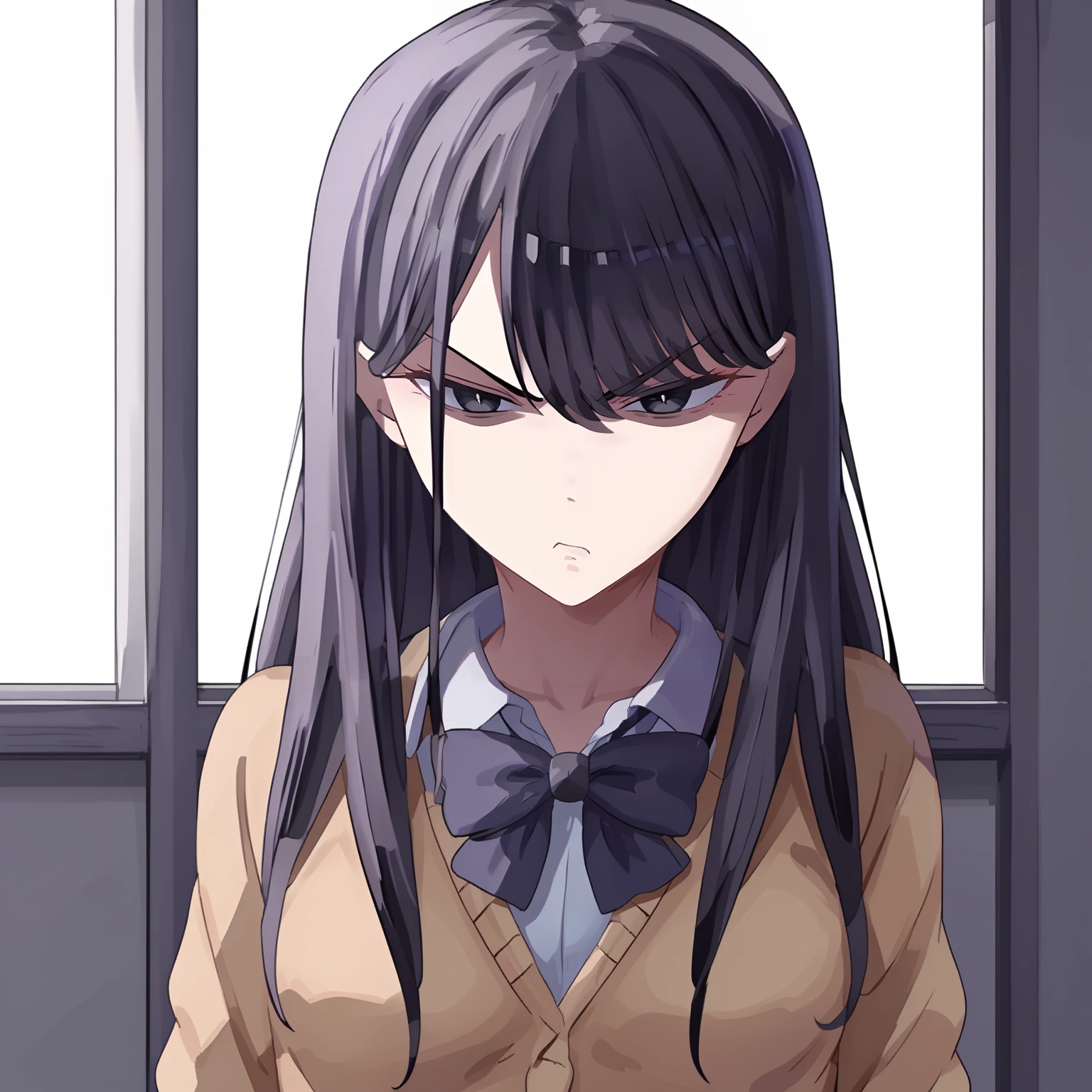 <lora:HikariKurodaXLpony001>,
solo,
HikariKuroda,1girl,black hair,long hair,black eyes,
school_uniform,cardigan,bowtie,glaring,