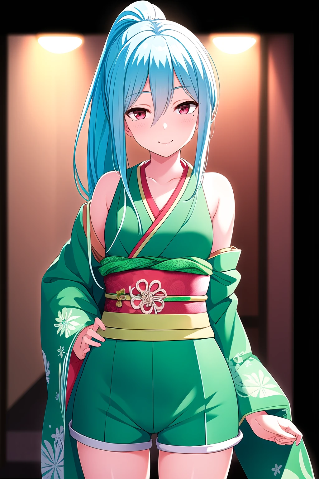 (masterpiece, best quality), highly detailed background, perfect lightingbest quality, kayashimaotome, solo, outdoors, night, light blue hair, ponytail, hair between eyes, very long hair, red eyes, mole under eye, small breasts, green kimono, yukata, bare shoulders, detached sleeves, wide sleeves, green shorts, short shorts, japanese clothes, smile, closed mouth, :), pink lips, <lora:Kayashima-Otome:0.7>