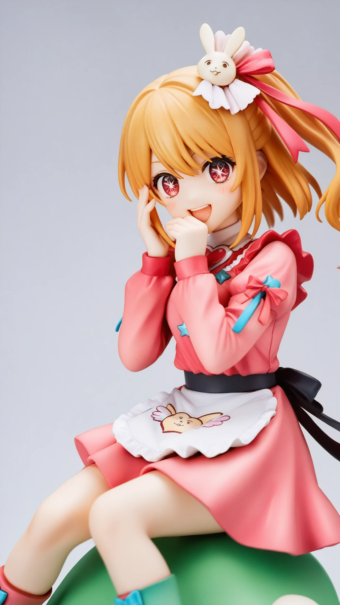 (score_9,score_8_up,score_7_up),source_anime,
1girl,solo,hands_up,sitting,blush,smile,blonde_hair,short_hair,fingernails,highres,chibi,hair_between_eyes,hair_ribbon,hands_on_own_face,heart_in_eye,hoshino_ruby,looking_at_viewer,one_side_up,open_mouth,pink_bodysuit,pink_eyes,pink_ribbon,puffy_long_sleeves,rabbit_print,simple_background,sparkle,star-shaped_pupils,white_apron,white_background,<lora:oshi_no_ko:1>,