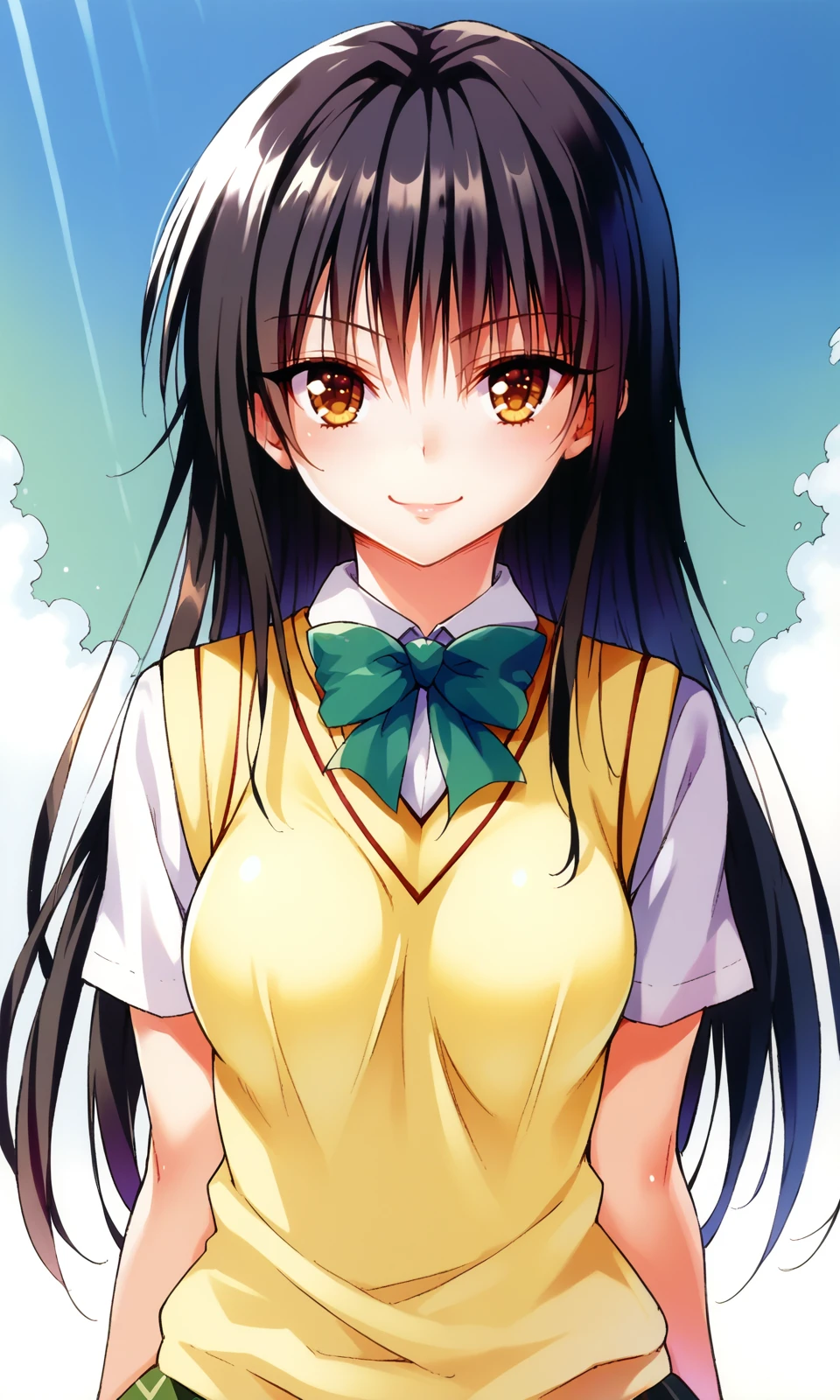 YabukiKentarou, to love-ru, score_9, score_8_up, score_7_up BREAK
kotegawa yui, brown eyes, black hair, long hair, medium breasts, school uniform, skirt, sweater vest, looking at viewer, light smile, upper body, cowboy shot, 
<lora:YabukiKentarou_Pony_V2:1>