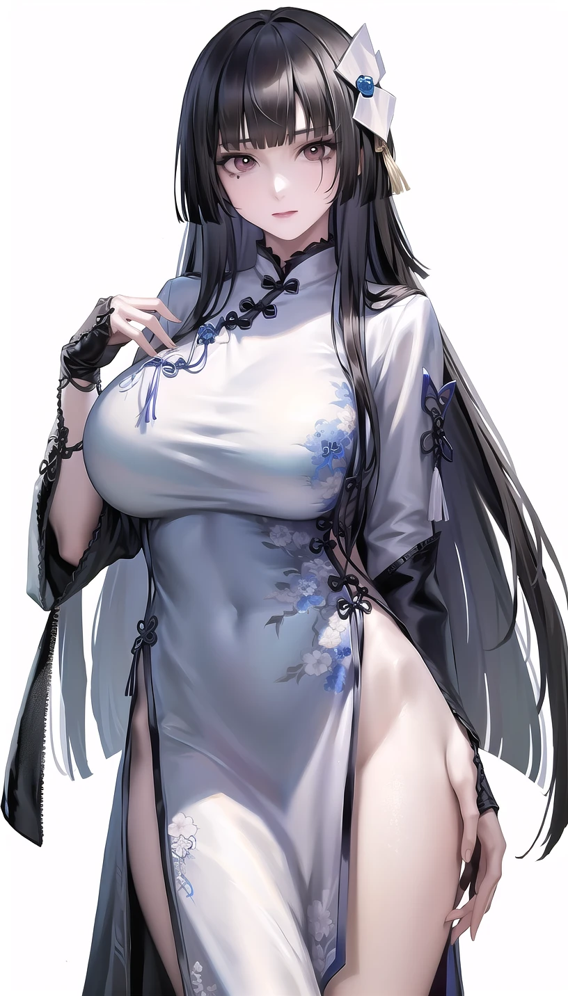 hair flower, mole under eye,very long hair, 
(chinese clothes:1.28),
lady,mature female, cowboy shot,
(white background,simple background:1.18),
highres,official art,original,masterpiece,best quality,
(huge breasts:0.8),
<lora:Sumire1:0.8>