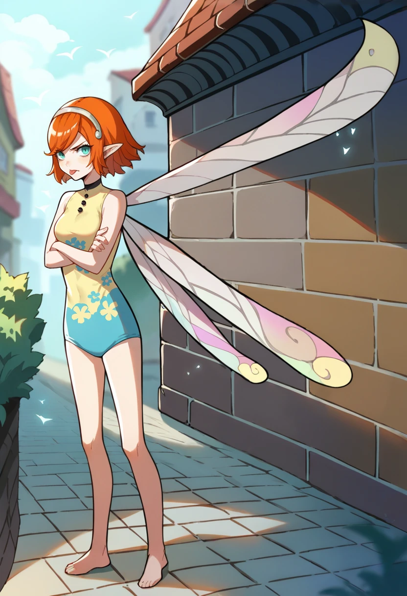 score_9, score_8_up, score_7_up, source_anime, 1girl, solo, looking at viewer, standing, tongue out, crossed arms, annoyed, <lora:GallicaMR-pdxl:1> gallicaMR, short hair, pointy ears, hairband, leotard, medium breasts, floral print, fairy wings, barefoot, outdoors, city, cobblestone