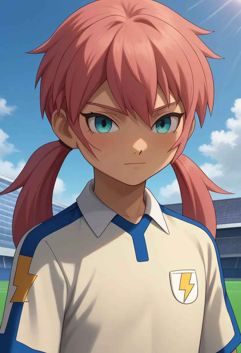 score_9, score_8_up, score_7_up, source_anime, highly detailed, 1boy, solo, male_focus, skinny, slender, cute, half body,
gabi_ina, male focus, 1boy, solo, raimon, raimon soccer uniform, twintails, soccer uniform, sportswear, pink hair, upper body, cloud, lightning bolt symbol, long hair, aqua eyes,