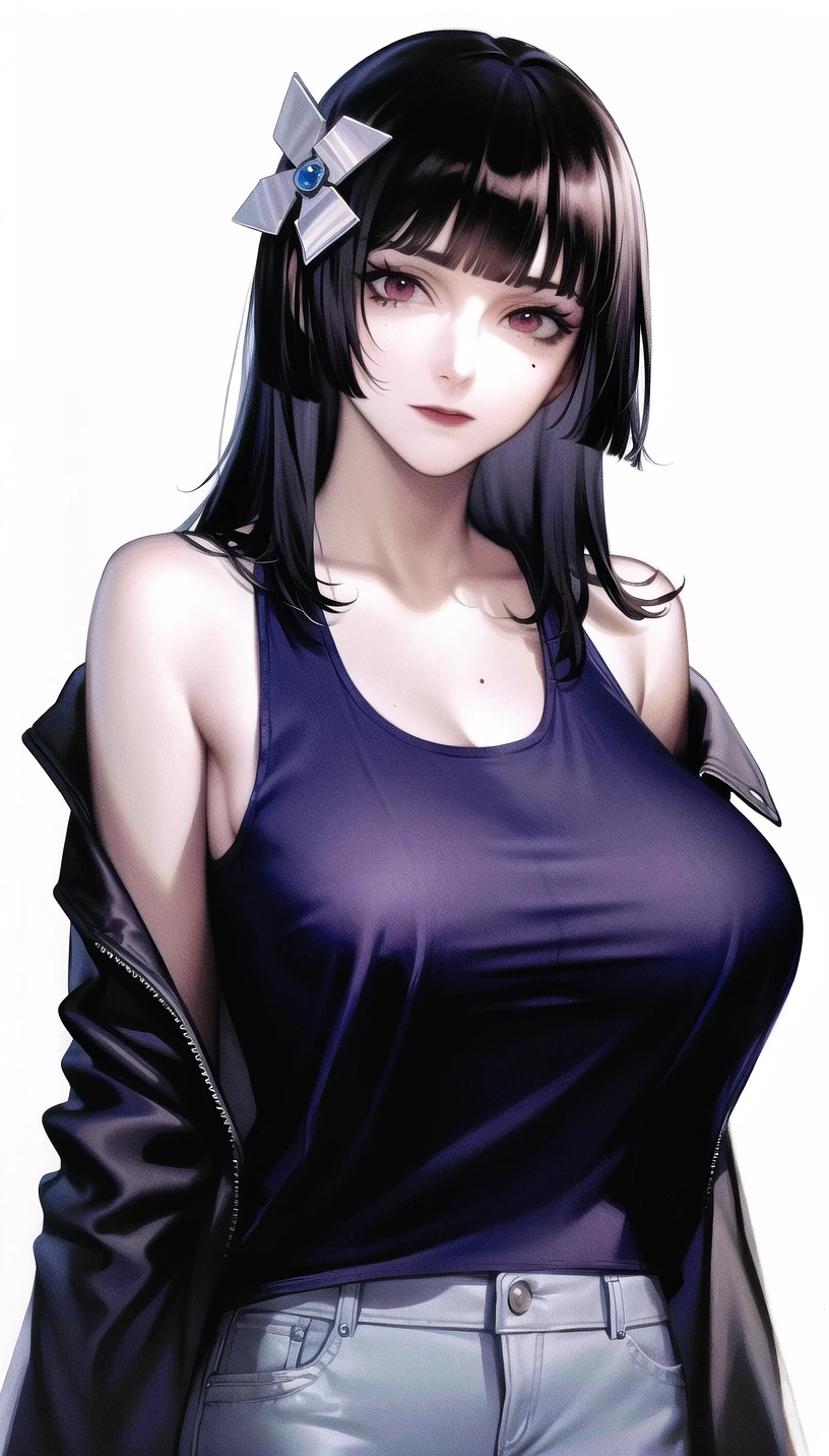 hair flower, mole under eye,
(tank top:1.28),
lady,mature female, cowboy shot,
(white background,simple background:1.18),
highres,official art,original,masterpiece,best quality,
(huge breasts:0.8),
<lora:Sumire1:0.8>