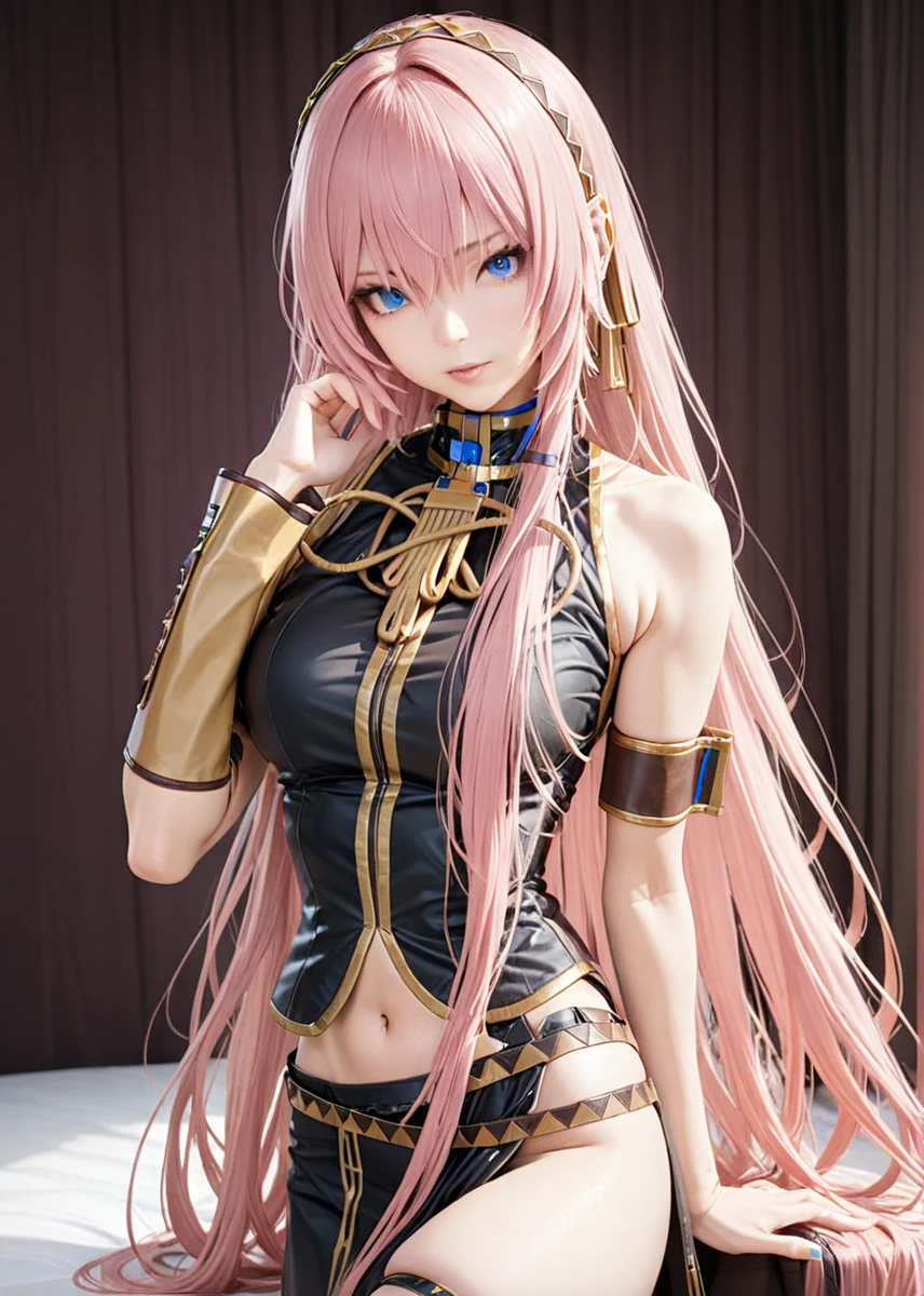 masterpiece, highly detailed, best quality, 1woman, megurine luka v2, very long hair, pink hair , blue eyes, <lora:Megurine_Luka__XL_2:1>