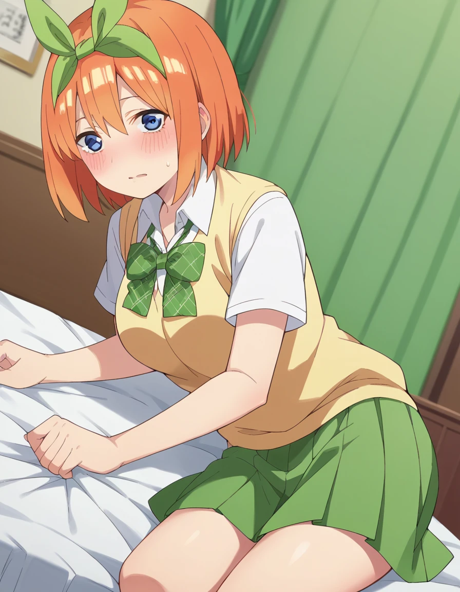 score_9, score_8_up, score_7_up, source_anime,
yotsubanakano, <lora:yotsuba-nakano-s2-ponyxl-lora-nochekaiser:1>,
yotsuba nakano, bangs, short hair, blue eyes, hair between eyes, hair ribbon, hairband, orange hair, green ribbon, mature female,
skirt, shirt, bow, ribbon, school uniform, white shirt, short sleeves, pleated skirt, collared shirt, miniskirt, bowtie, kneehighs, green skirt, green bow, sweater vest, green ribbon, yellow sweater vest,
indoors, bed, bed room, on side, blush, drunk,
looking at viewer, cowboy shot, dutch angle, solo,