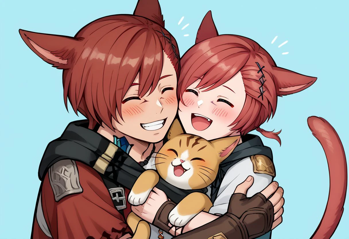 grahatiaffxivdsk, cat boy, 1boy, animal ears, red hair, cat ears, brown gloves, tail, miqo'te, cat tail, x hair ornament, male focus, closed eyes, hair ornament, blue background, short hair, open mouth, smile, blush, swept bangs, gloves, ^ ^, hug, red jacket, fingerless gloves, holding animal, short ponytail, ^o^, hood, animal, animal hug  PonyXLV6_Scores