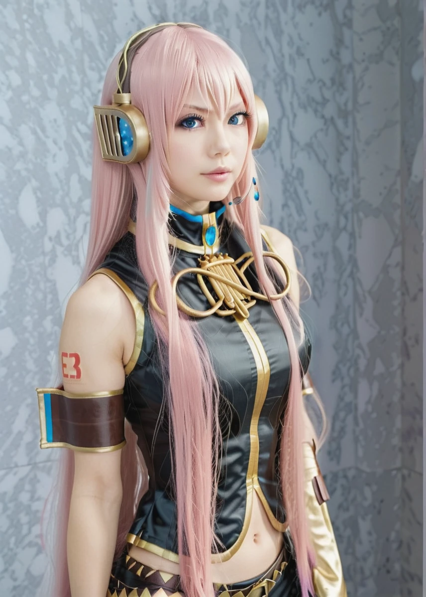 masterpiece, highly detailed, best quality, photography, realistic,1woman, megurine luka v2, very long hair, pink hair , blue eyes, <lora:Megurine_Luka__XL_2:1>