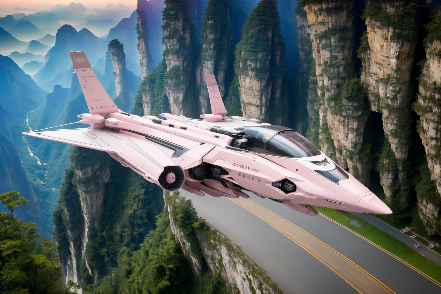 Masterpiece in photorealistic medium format 8k raw photography, (Pale Pink zzspczz soaring:1.3), Chinese Zhangjiajie National Forest Park, (tilt-shift shot:1.3), Hyper-realistic details, (Epic panorama:1.2), Shot with a Canon EOS R5, 50mm f/1.4 lens, Cinematic atmosphere, Perfect clarity <lora:Futuristic Spacecraft Generator Concept v5.0-000008:1>
