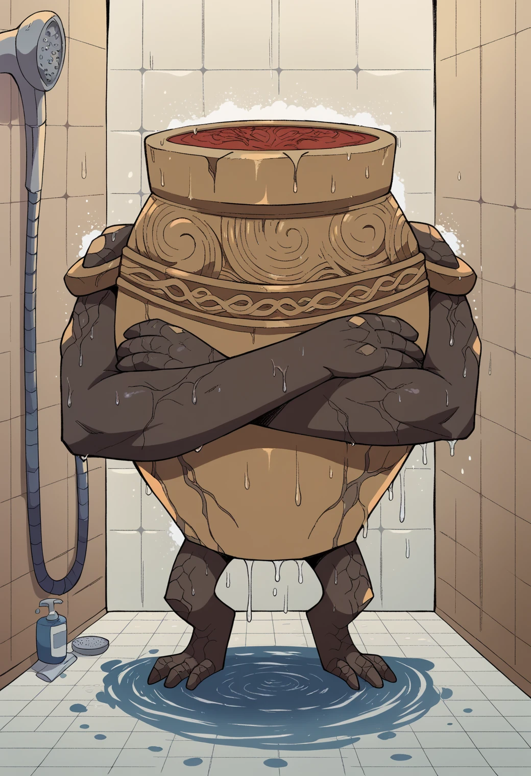 score_9, score_8_up, score_7_up, RythIFAlexanderPony, Alexander \(Elden Ring\), pot guy,RythIFAlexanderPony, crossed arms, standing, full body, front view, shower, wet, <lora:ifalexander:1>