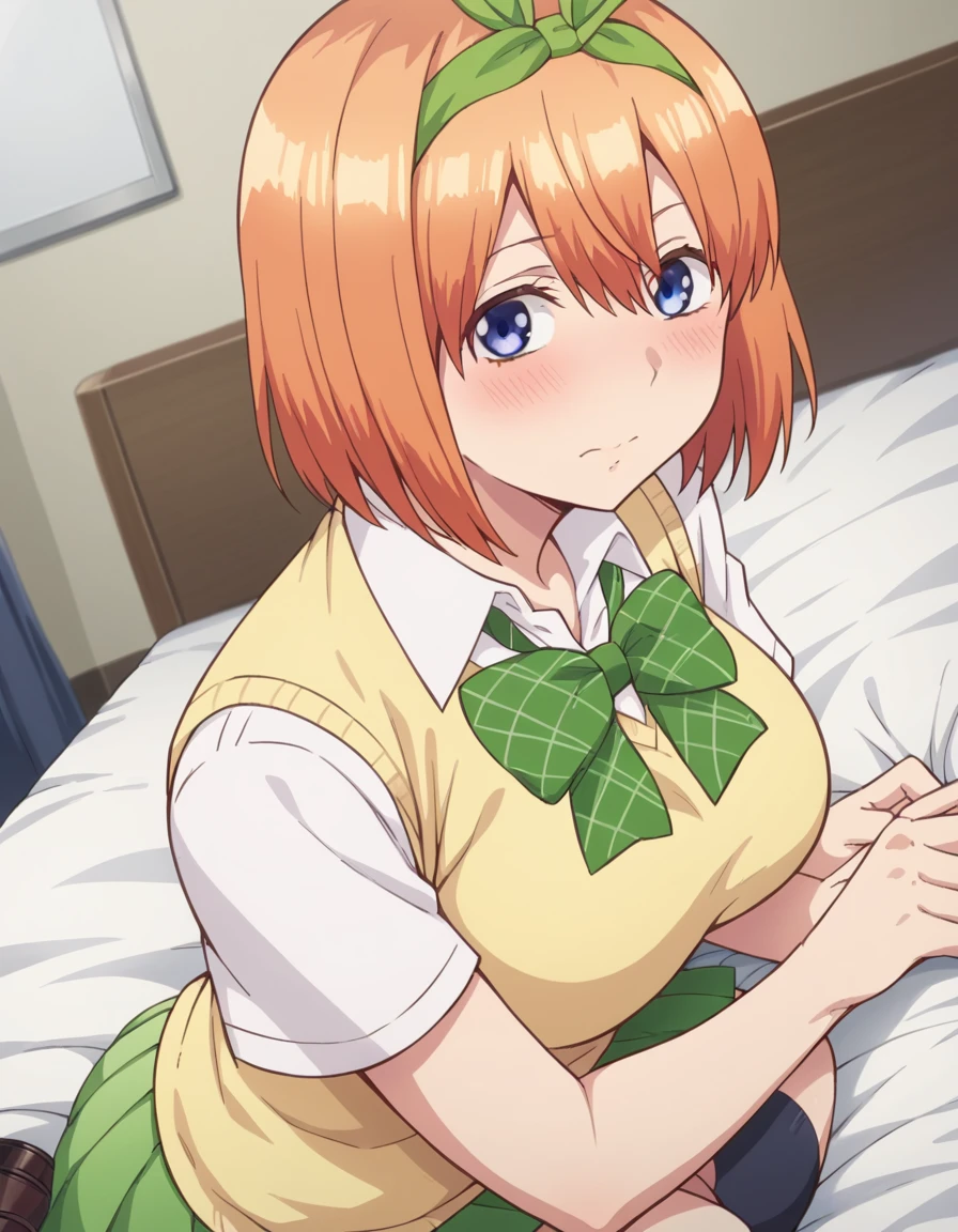 score_9, score_8_up, score_7_up, source_anime,
yotsubanakano, <lora:yotsuba-nakano-s1-ponyxl-lora-nochekaiser:1>,
yotsuba nakano, bangs, short hair, blue eyes, hair between eyes, hair ribbon, hairband, orange hair, green ribbon, mature female,
skirt, shirt, bow, ribbon, school uniform, white shirt, short sleeves, pleated skirt, shoes, socks, collared shirt, miniskirt, bowtie, black footwear, kneehighs, green skirt, black socks, loafers, green bow, sweater vest, green ribbon, yellow sweater vest,
indoors, bed, bed room, on side, blush, drunk,
looking at viewer, cowboy shot, dutch angle, solo,
