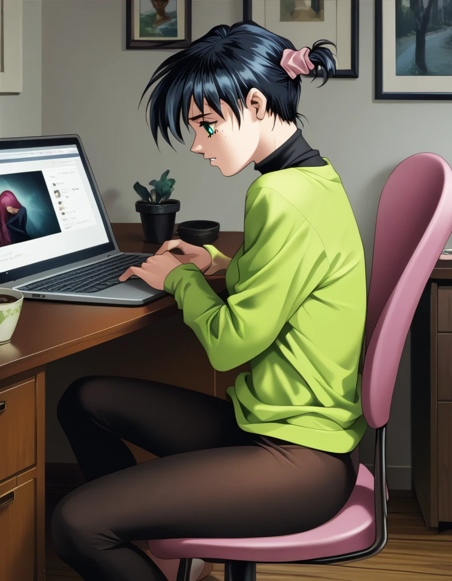 score_9, score_8_up, score_7_up <lora:silvanna-ponyxl:1> silvanna, sweater, leggings,
1girl, sitting, chair, from side, laptop, looking at screen, indoors, bedroom