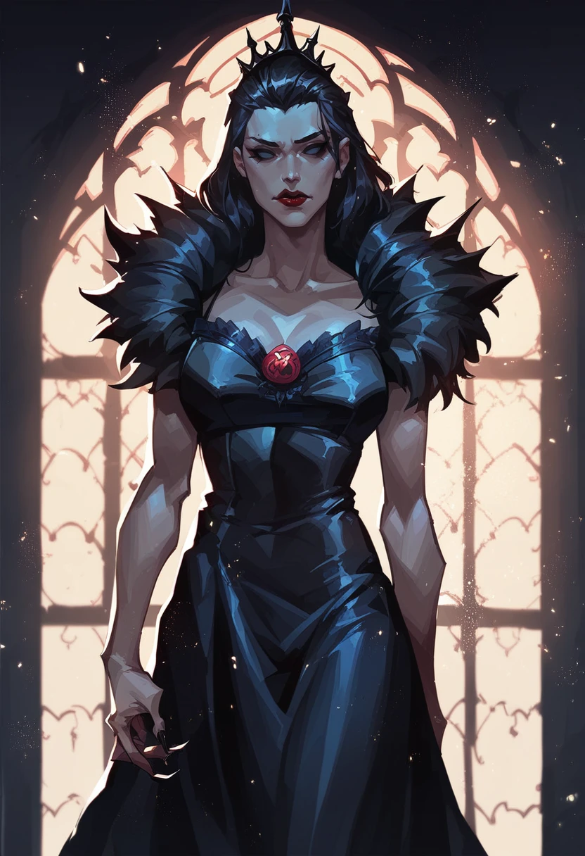 score_8_up, score_7_up, portrait of beautiful vampire queen girl standing in dark, black hair, no pupils, no sclera, red lips, ornate black dress, sharp fingernails, castle indoors, moonlight, particles, night, dark scene, fantasy, <lora:sxz-valorant-smol-v2-pdxl:0.8> valorant style